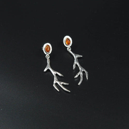 Silver Amber Antler Earrings