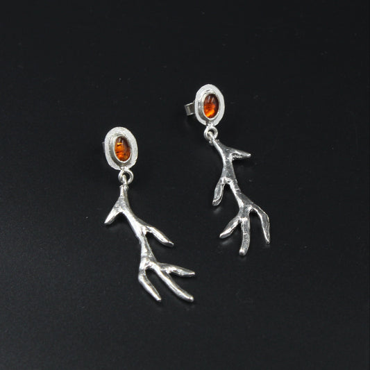 Silver Amber Antler Earrings