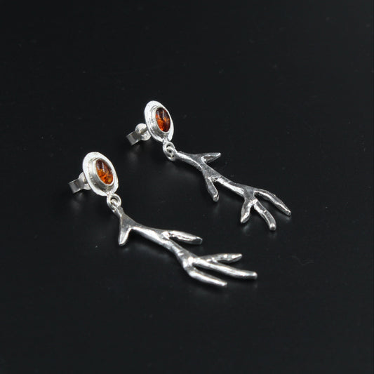 Silver Amber Antler Earrings