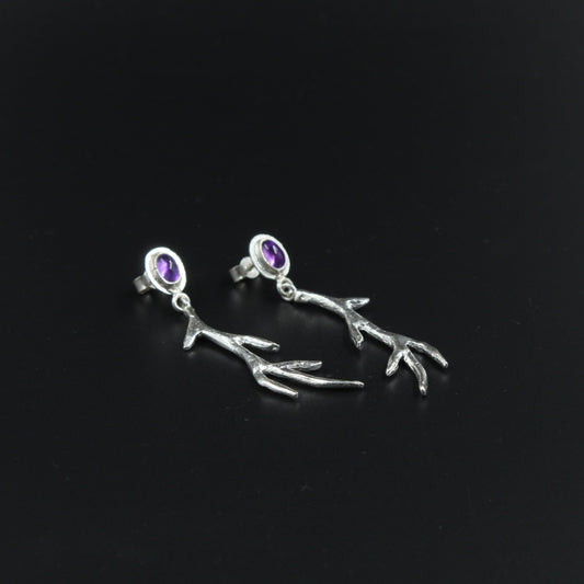 Silver Amethyst Antler Earrings