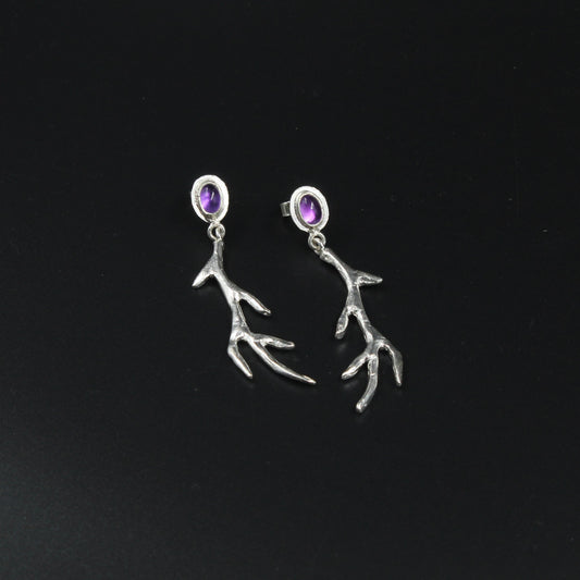 Silver Amethyst Antler Earrings