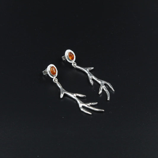 Silver Amber Antler Earrings
